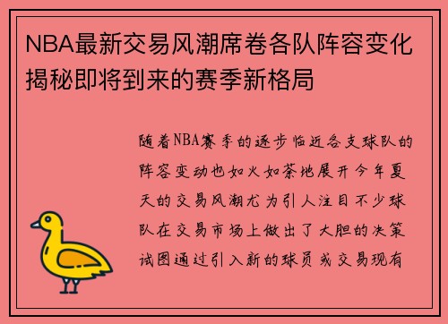 NBA最新交易风潮席卷各队阵容变化 揭秘即将到来的赛季新格局