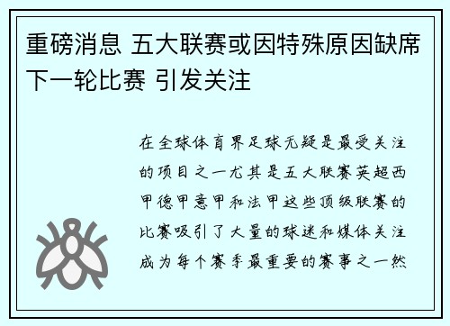 重磅消息 五大联赛或因特殊原因缺席下一轮比赛 引发关注
