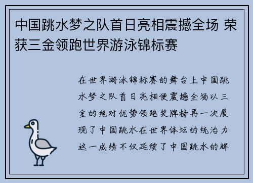 中国跳水梦之队首日亮相震撼全场 荣获三金领跑世界游泳锦标赛