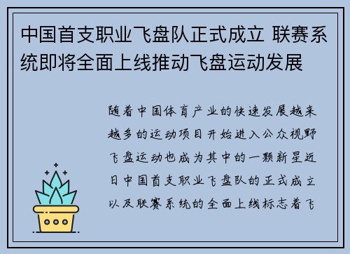 中国首支职业飞盘队正式成立 联赛系统即将全面上线推动飞盘运动发展