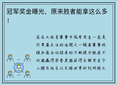 冠军奖金曝光，原来胜者能拿这么多！